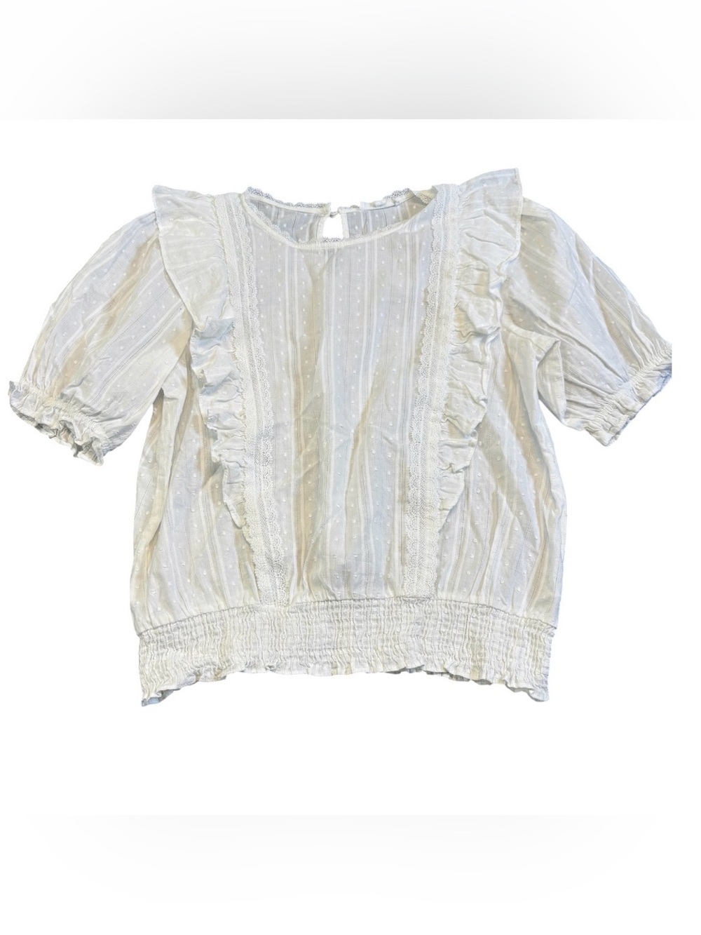 MINE White Swiss Dot Peasant Blouse Smocked Ruffle Cottagecore Top S/M